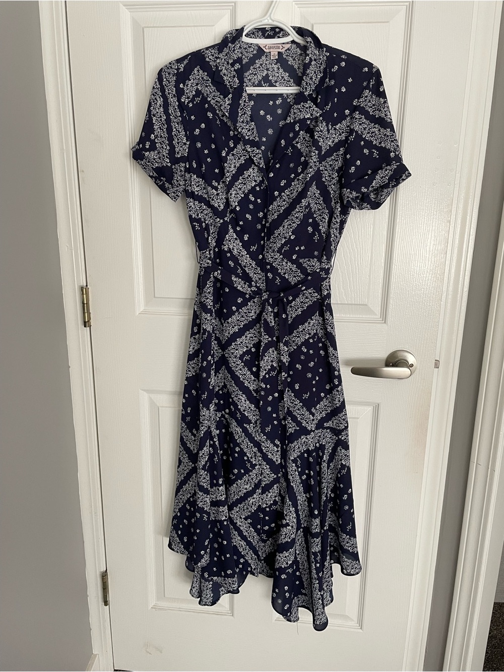 Nannette Navy and White Floral Bandana Print Wrap Midi Dress